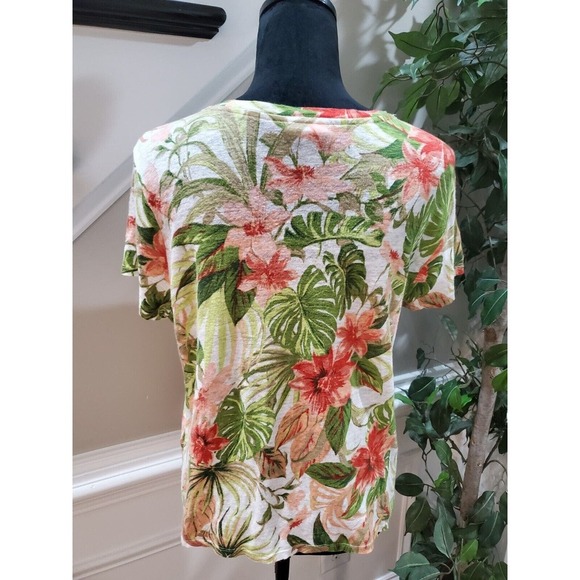 J. Jill Womens Multicolor Floral 100% Linen Round Neck Short Sleeve Top Blouse M - Picture 7 of 13